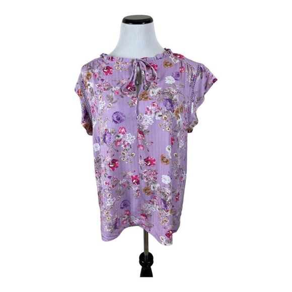 Buffalo By David Bitton Purple Floral Flutter Short Sleeve Blouse Women’s Size L - Picture 1 of 9